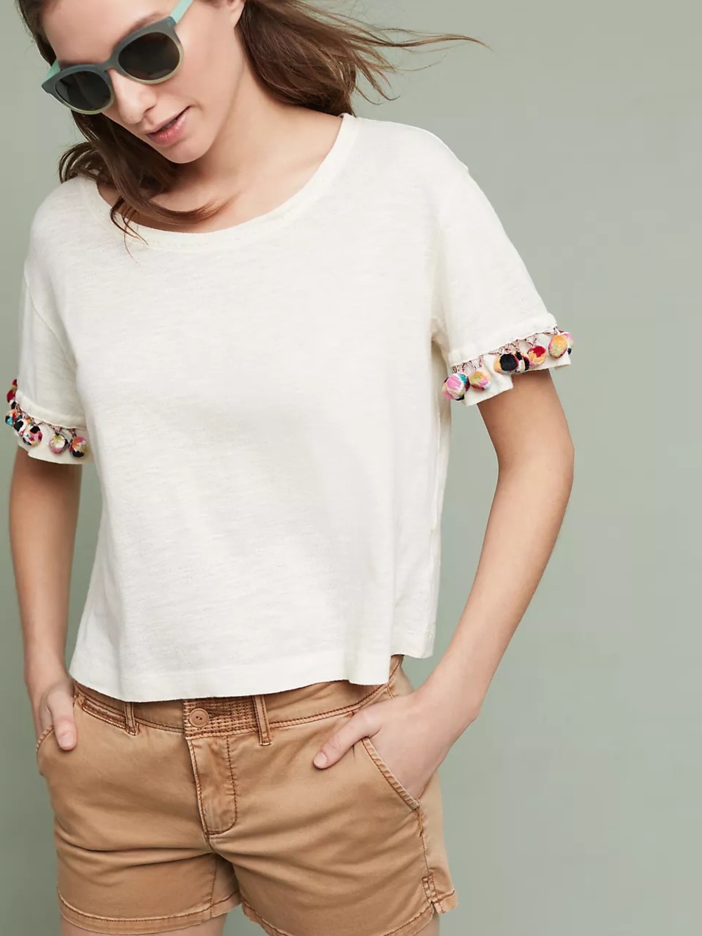 Anthropologie Lilka Cream Short Sleeve Knit Top Pom Pom Cuffs